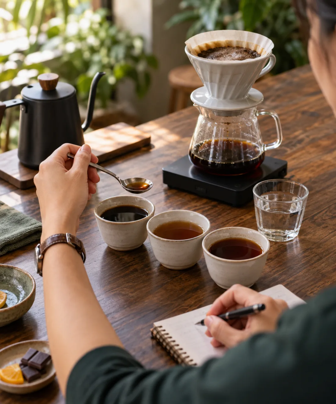 A student tastes three pour-over coffees and records the differences in the cup