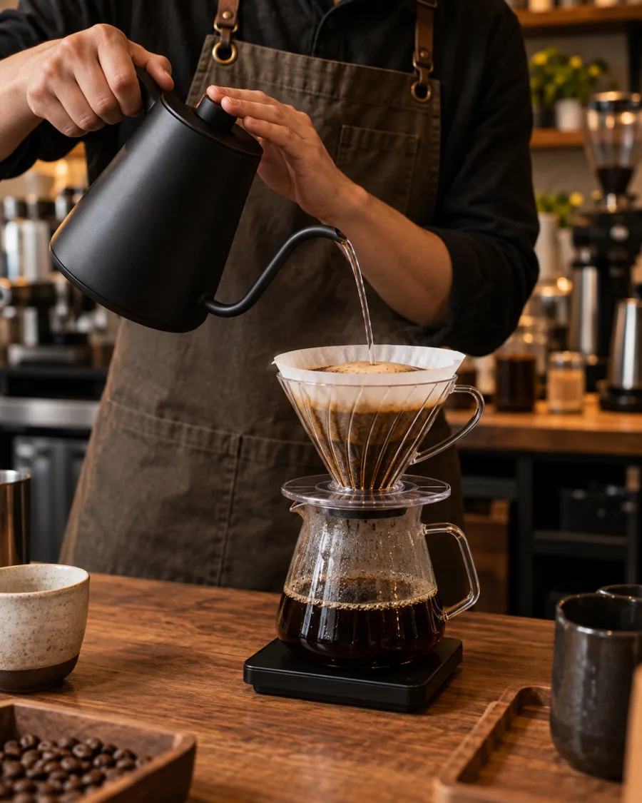 Professional barista using a gooseneck kettle to brew V60 coffee