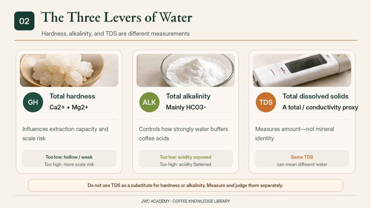 The three levers of coffee water: hardness, alkalinity, TDS