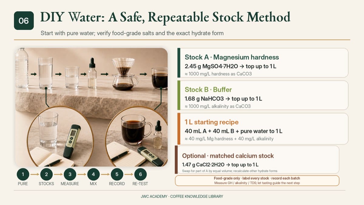 Build coffee water from distilled water plus Epsom salt and baking soda stocks