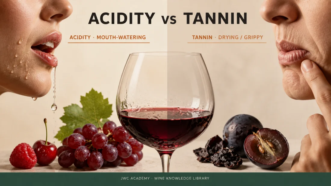 Acid = watering; tannin = drying, grippy