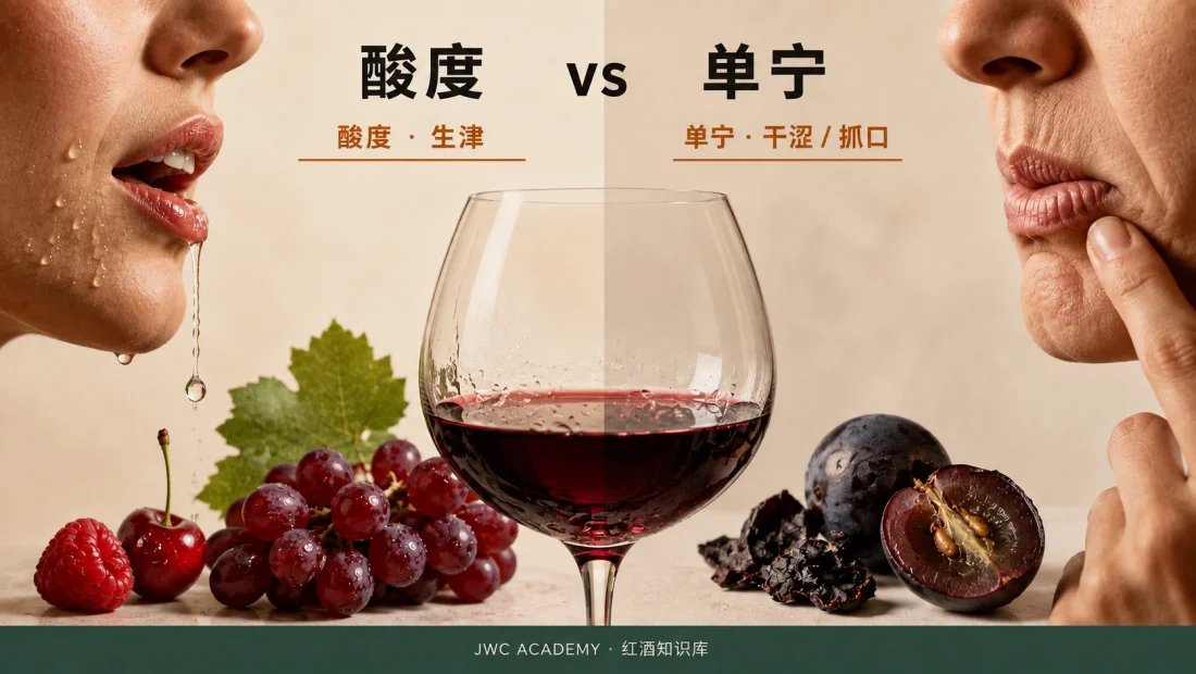 酸 = 生津；涩 = 发干、抓口