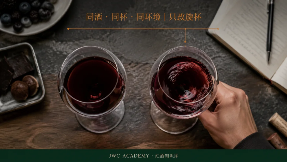 同一杯只改闻法：静置 → 旋杯 → 入口 → 对照