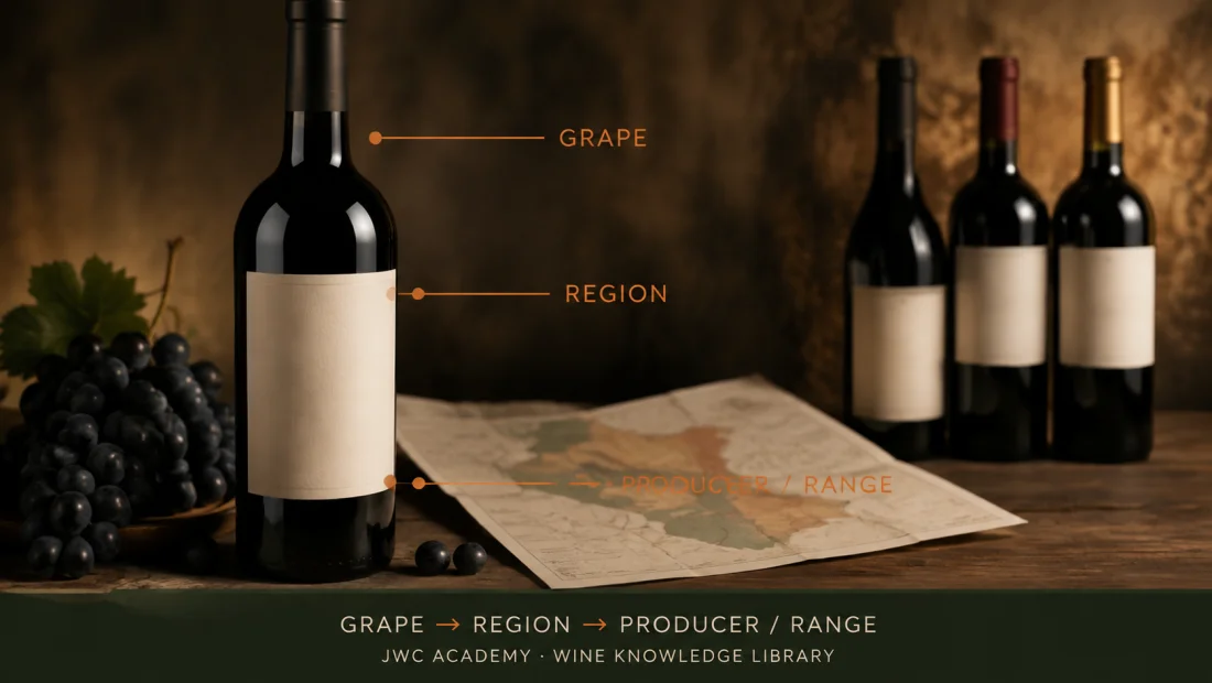 Three layers: grape → region → producer/brand