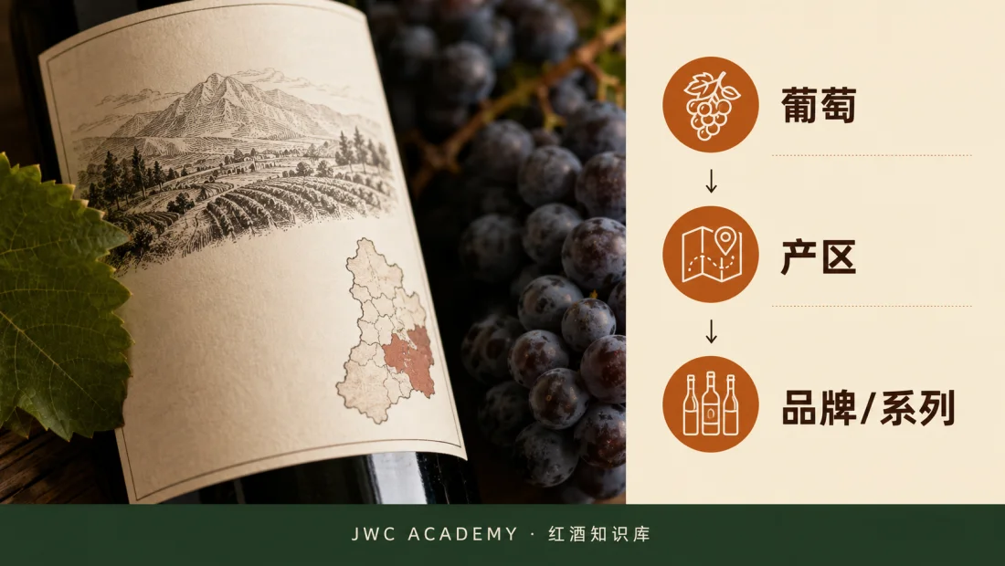 选酒三层：葡萄 → 产区 → 生产者／品牌