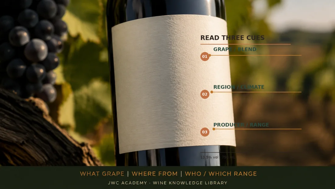 Three label cues: grape / region / producer