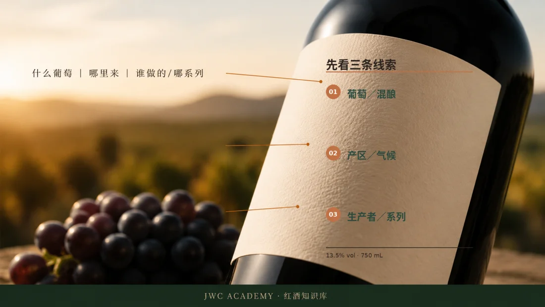酒标三线索：葡萄 / 产区 / 生产者