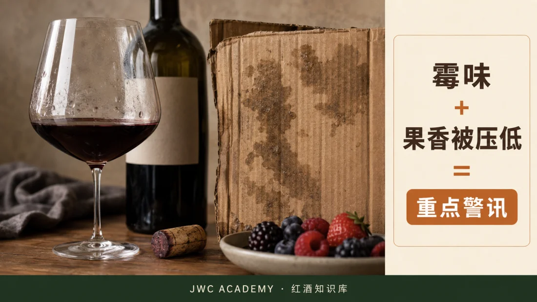 湿纸板／霉味 + 果香被压低 = cork taint 警讯