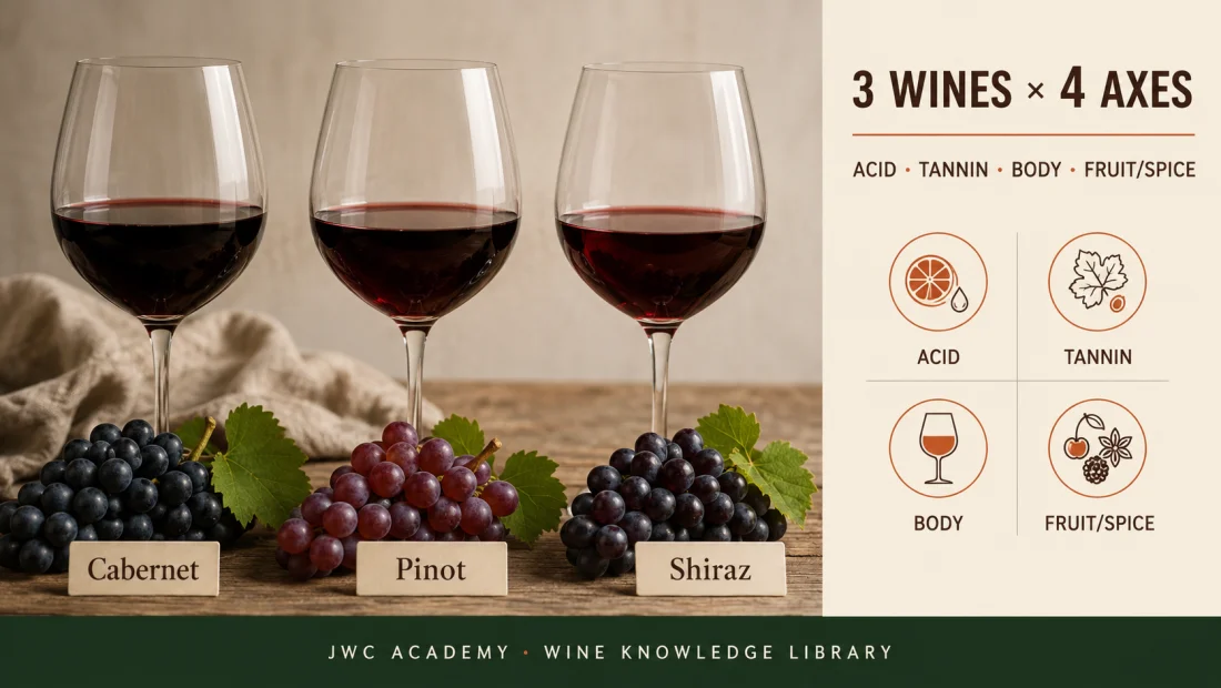 Four axes: acidity / tannin / body / fruit direction