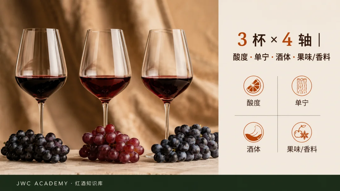 四个轴：酸度 / 单宁 / 酒体 / 果味方向