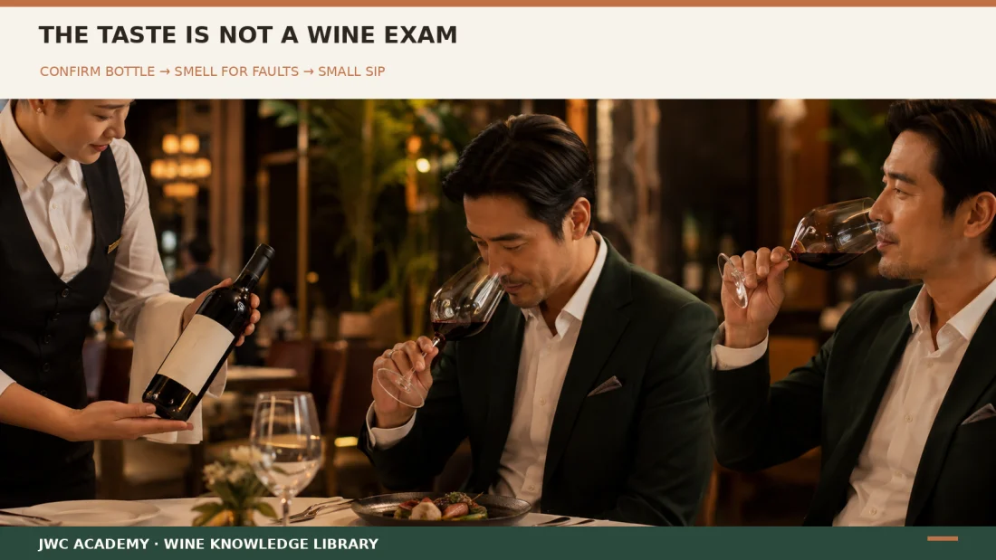 Confirm, smell, sip — about fifteen seconds