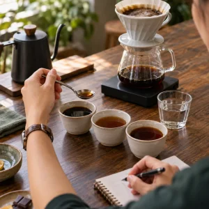 Student tasting and comparing three pour-over coffees at JWC Academy
